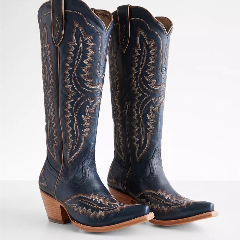 Ariat Navy Leather Western Knee-High Heeled Boots with Tan Trim